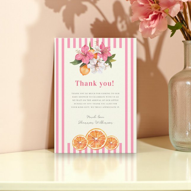 Cartão De Agradecimento Pink Stripe Floral Baby Shower Thank You card (Criador carregado)