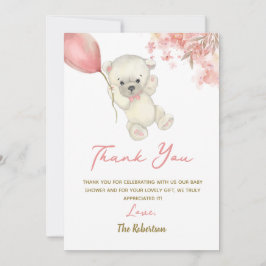 Cartão De Agradecimento Pink Teddy Bear Baby Shower | Floral Baby Girl