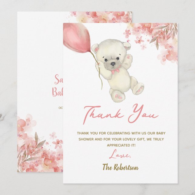 Cartão De Agradecimento Pink Teddy Bear Baby Shower | Floral Baby Girl (Frente/Verso)