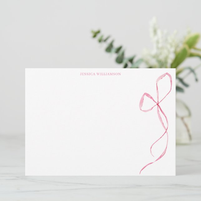 Cartão De Agradecimento Pink Watercolor Bow Personalized Stationery (Em pé/Frente)