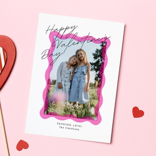 Cartão De Agradecimento Pink Wavy Frame Valentine’s Day Photo Card (Criador carregado)