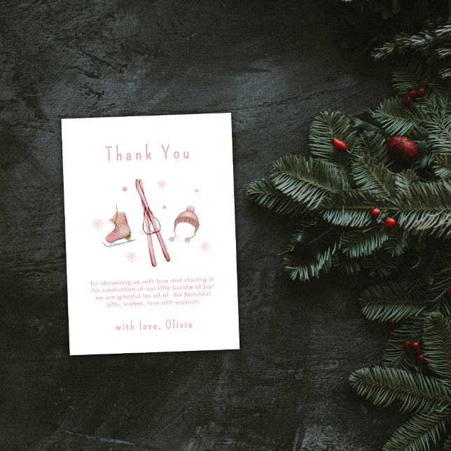 Cartão De Agradecimento Pink Winter Woodland Après Bébé Ski Baby Shower  (Pink Winter Woodland Après Bébé Ski Baby Shower Thank You Card)