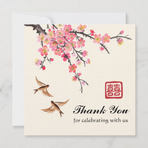 Cartão De Agradecimento Pintura chinesa a tinta flores e pássaros casament