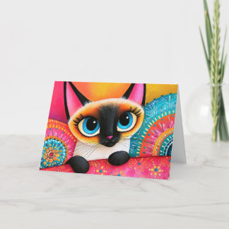 Cartão De Agradecimento Pintura de Gato Siamês Rosa e Laranja Fofo
