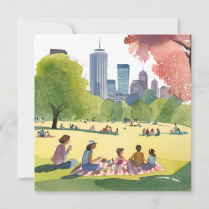 Cartão De Agradecimento Piquenique no Boston Common   Pintura em Aquarela 