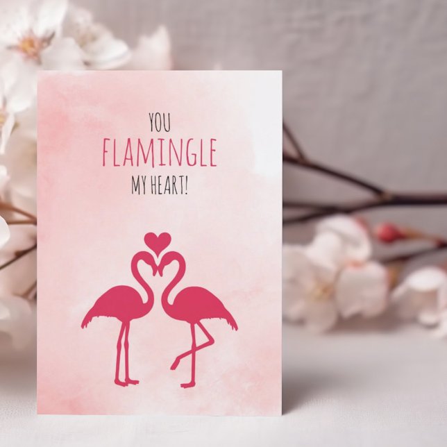 Cartão De Agradecimento Placa de Dia de os namorados Engraçado Humorável F (Humorous funny Happy Valentine's Day folded greeting card with pink loving flamingos and heart.)