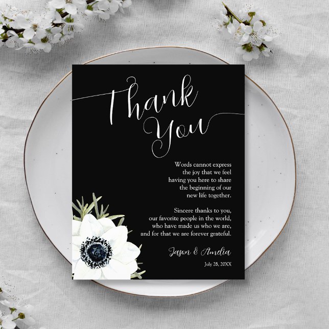 Cartão De Agradecimento Placa de Recepção de casamento Floral Preta e Bran (Black and White Floral Wedding Reception Plate Thank You Cards)