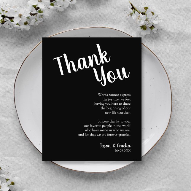 Cartão De Agradecimento Placa de Recepção de casamento Preta e Branca (Black and White Wedding Reception Plate Thank You Cards)
