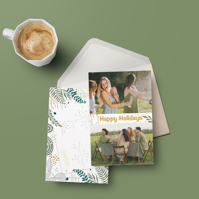 Cartão De Agradecimento Placa Floral Simples de Férias Duas Fotografias (Criador carregado)