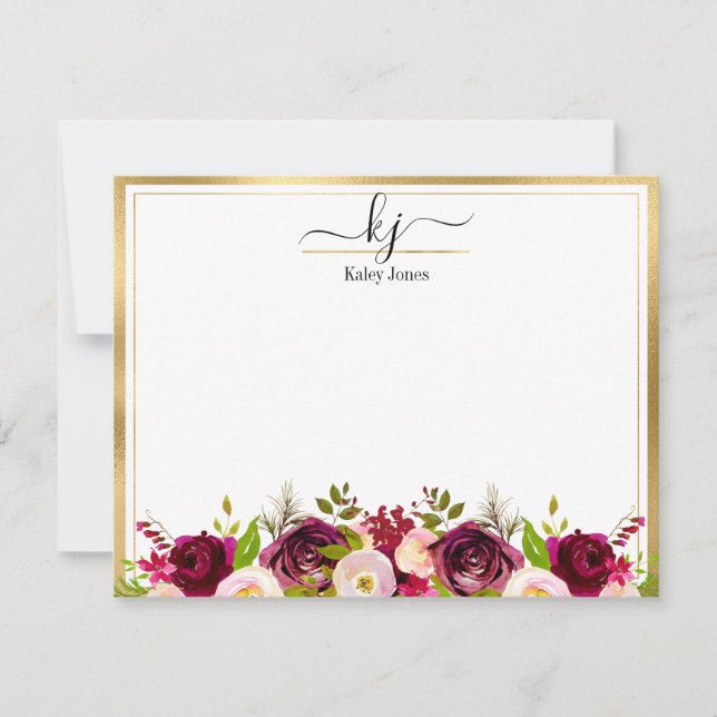 Cartão De Agradecimento Placa Nota Burgundy Blush Botânico Floral Monogram (Frente)