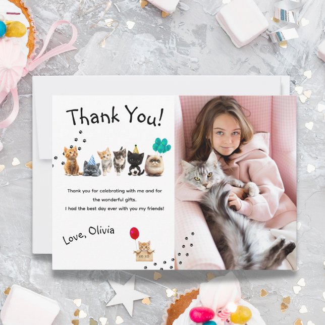 Cartão de Agradecimento Plano de Aniversário de Ga (Cute Kitten Birthday Party Flat Thank You Card)