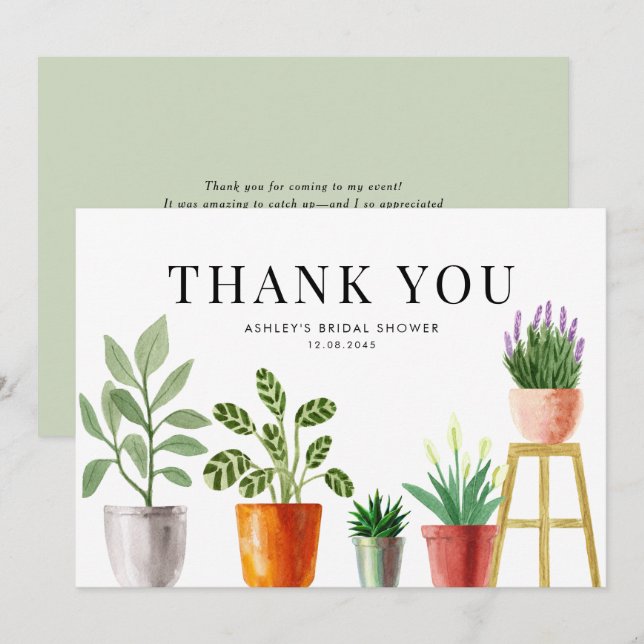 Cartão De Agradecimento Plantas em Vasos de Aquarela Boho Chá de Bebê de N (Frente/Verso)