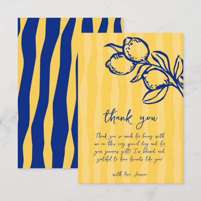 Cartão De Agradecimento Playful Italian Blue Lemon & Stripes Bridal Shower (Frente/Verso)