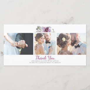 Cartão De Agradecimento Plum Floral Watercolor 3 Fotos De Casamento Obriga