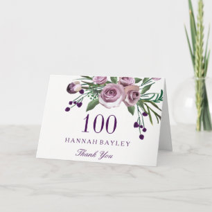 Cartão De Agradecimento Plum Purple Rosa Floral 100º Aniversário Obrigado