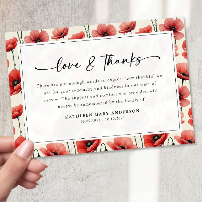 Cartão De Agradecimento Poppies Floral Script Sympathy Funeral (Criador carregado)