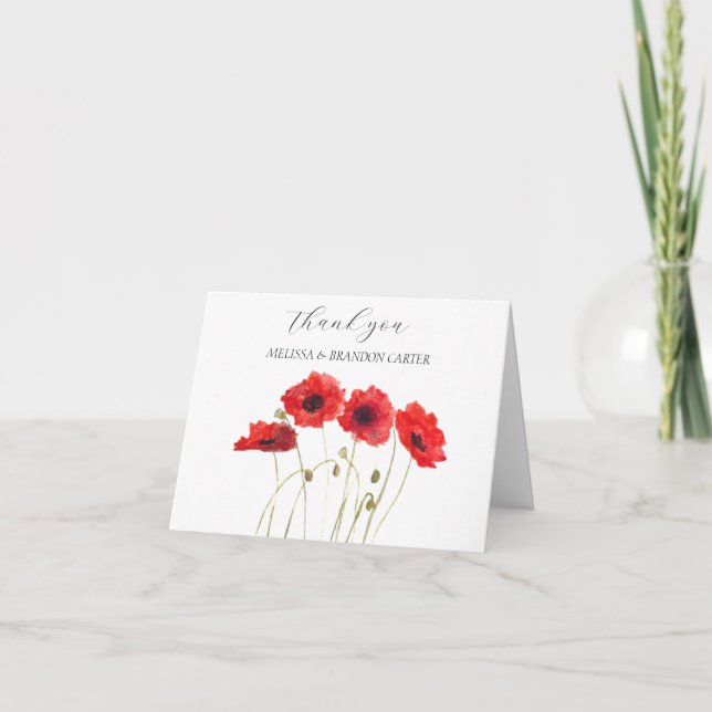 Cartão De Agradecimento Poppies Vermelhos Casamento Floral Poppy Obrigado (Frente)