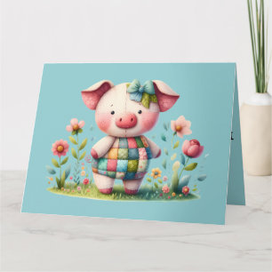 Cartão De Agradecimento Porco Patchwork Caprichoso em Jardim Floral