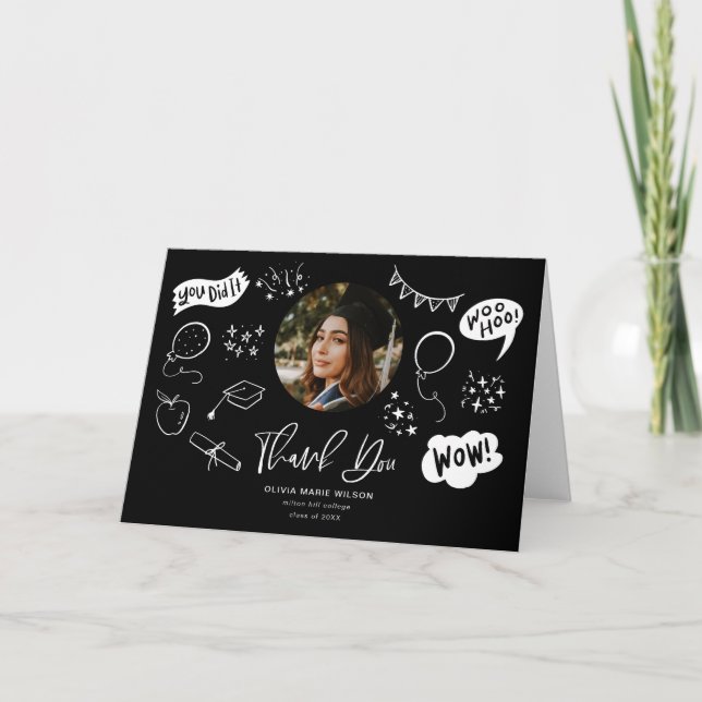 Cartão De Agradecimento Porta De Graduação Com Formando De Foto Preto (Frente)