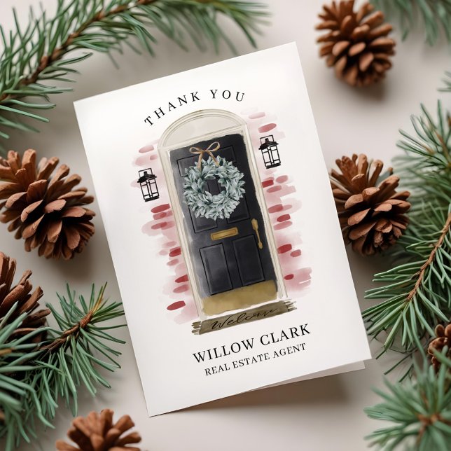 Cartão De Agradecimento Porta frontal e coroa estática preta Obrigado (Black Watercolor Front Door & Wreath Thank You
)