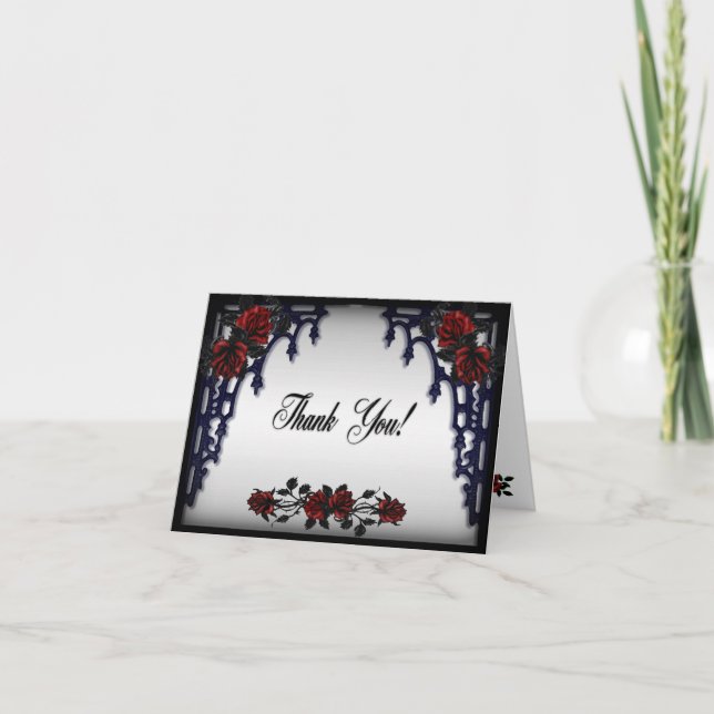 Cartão De Agradecimento Portão de Ferro Gótico Casamento Rosa Vermelha Obr (Frente)