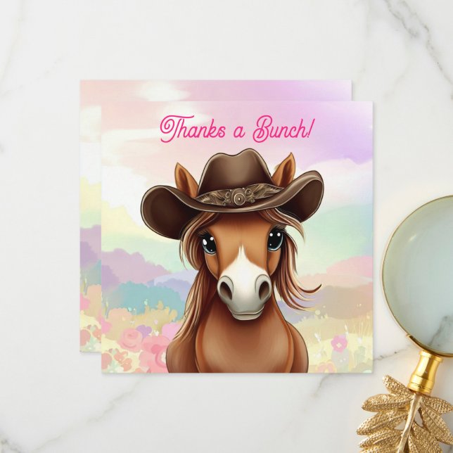 Cartão De Agradecimento Potrinha Fofa com Chapéu de Cowboy (Frente/Verso In Situ)