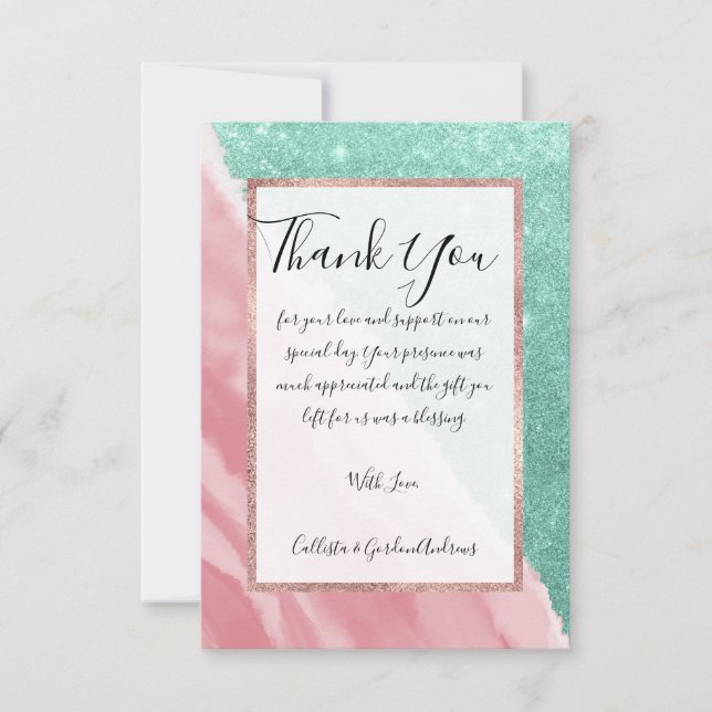 Cartão De Agradecimento Praia de Aqua Teal Rosa Rosa Cinza com Água (Frente)