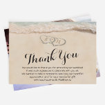 Cartão De Agradecimento Praia Obrigado Nota | Casamento Fotográfico<br><div class="desc">Boa noite, obrigado. Uma nota de convite é uma maneira simples de obrigado daqueles que estiveram no seu casamento. A carta apresenta uma praia tropical de verão, uma praia arenosa vintage com dois corações na costa, suas iniciais, uma nota de agradecimento. No verso está uma foto de um casal feliz...</div>