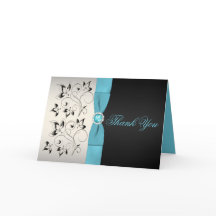 Cartão de Agradecimento Prata, Aqua e Preto Floral