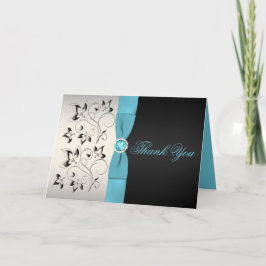 Cartão de Agradecimento Prata, Aqua e Preto Floral