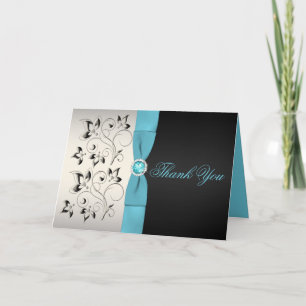 Cartão de Agradecimento Prata, Aqua e Preto Floral
