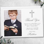Cartão De Agradecimento Prata de Fotos da Primeira Comunhão Elegante<br><div class="desc">O Elegante Cartões de agradecimentos da Primeira Comunhão com a Cruz de Prata. Frente fotográfica.</div>