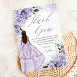Cartão De Agradecimento Prata Floral de Lavanda Roxa Quinceanera Sweet 16