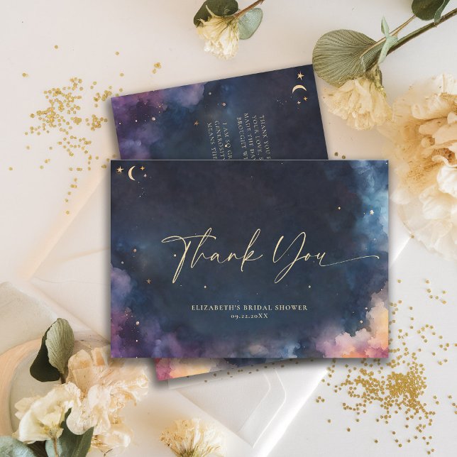 Cartão De Agradecimento Presente Celestial Galáxia Noite Estrelada Azul Me (celestial bridal shower thank you card midnight navy blue starry night galaxy astrology universe)