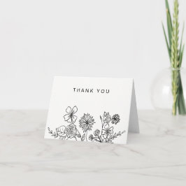 Cartão De Agradecimento Preto Branco Floral Simples Obrigado