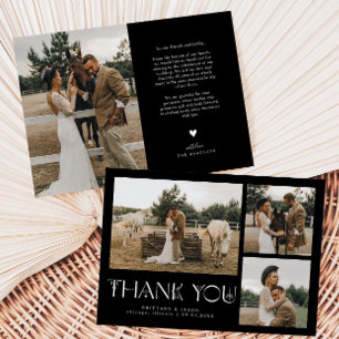 Cartão De Agradecimento Preto de Casamento de Colagem de Fotos de Elegânci