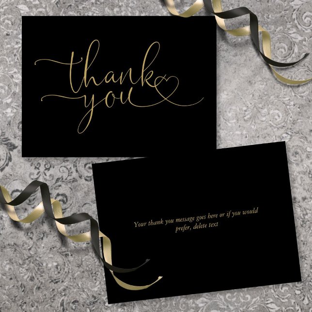 Cartão De Agradecimento Preto E Dourado Elegante Coração Script (Black And Gold Elegant Heart Script Thank You Card)