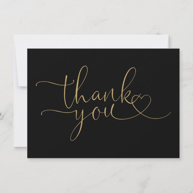Cartão De Agradecimento Preto E Dourado Elegante Coração Script (Frente)