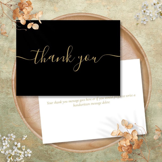 Cartão De Agradecimento Preto e Dourado Simples Moderno Elegante Script (Black And Gold Simple Modern Elegant Script Thank You Card)