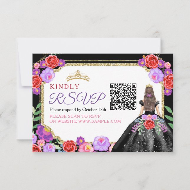 Cartão De Agradecimento Preto veste Quinceañera QR RSVP Card mexicano (Frente)