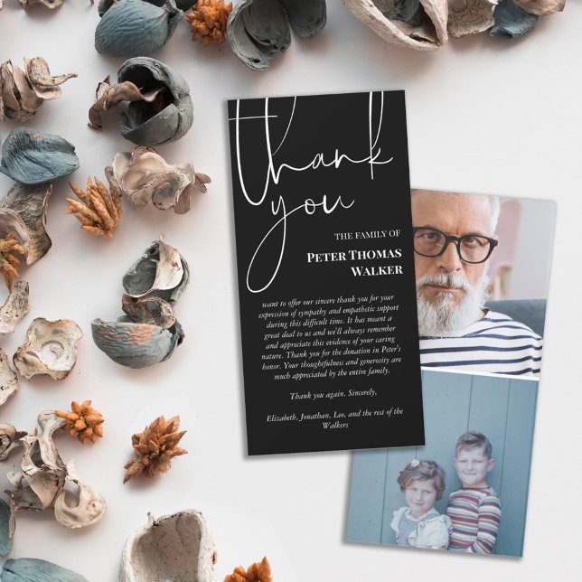 Cartão De Agradecimento Preto White Script e 2 Fotografias Funeral Obrigad (Criador carregado)