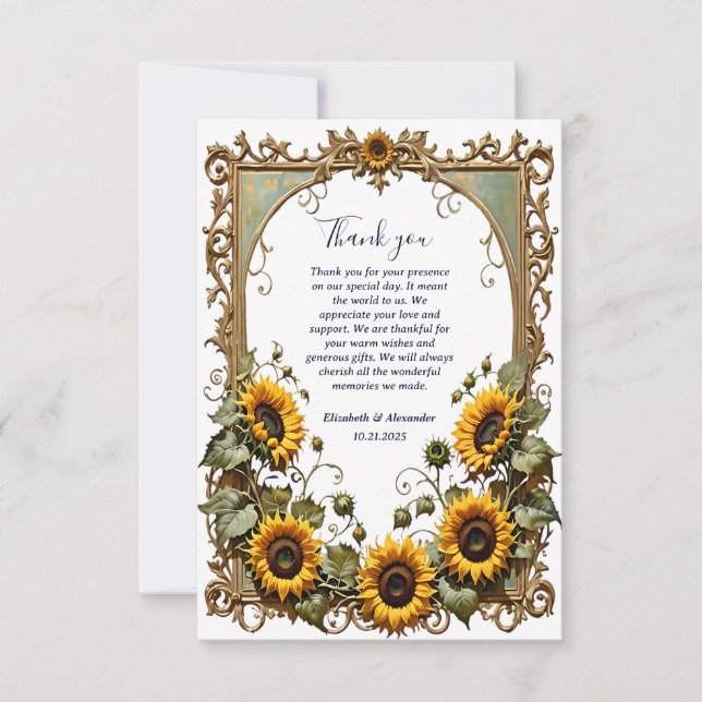 Cartão De Agradecimento Pretty Yellow sunflower with art frame wedding  (Frente)