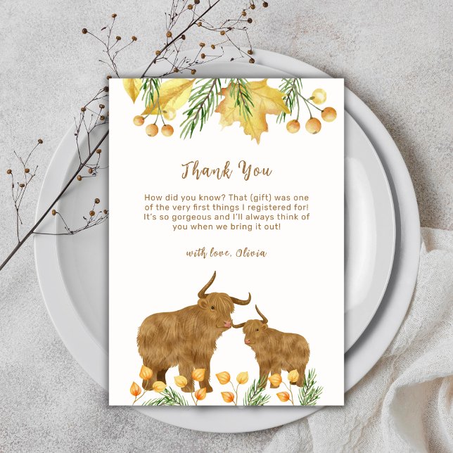 Cartão De Agradecimento Primavera de queda Boho Highland Cow Chá de fralda (Fall Spring Boho Highland Cow Baby Shower Thank You Card)