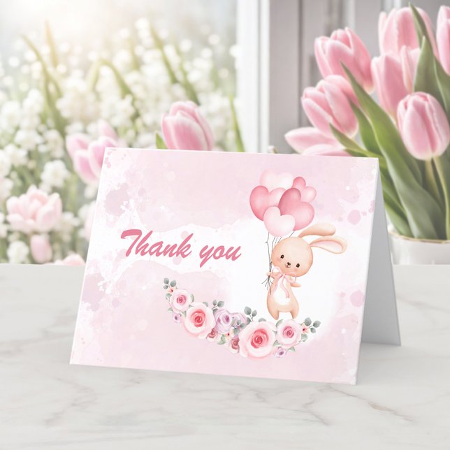 Cartão De Agradecimento Primavera Floral de primeiro aniversario Rosa Boni (Cute Bunny Pink 1st Birthday Girl Floral Spring Thank You Card)