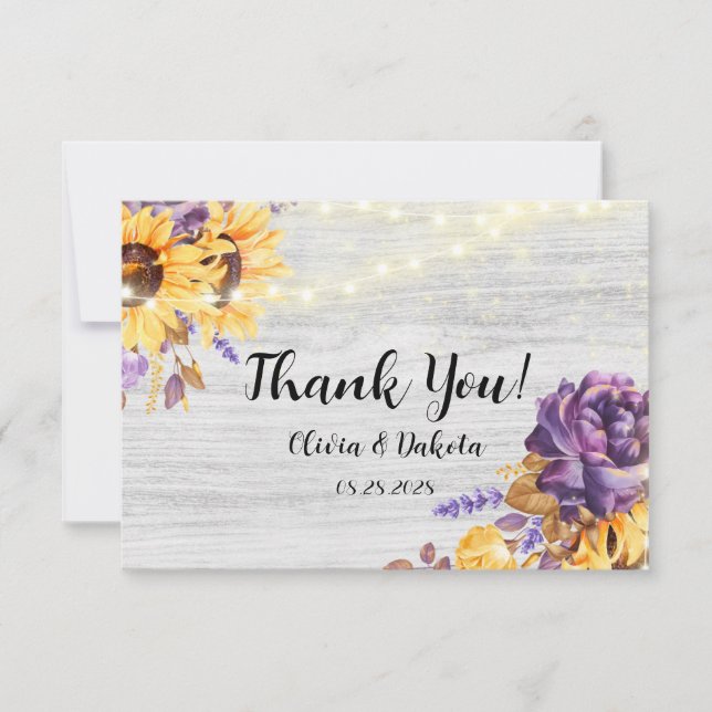 Cartão De Agradecimento Primavera Sunflower e Casamento de Pestes Púrpura (Frente)