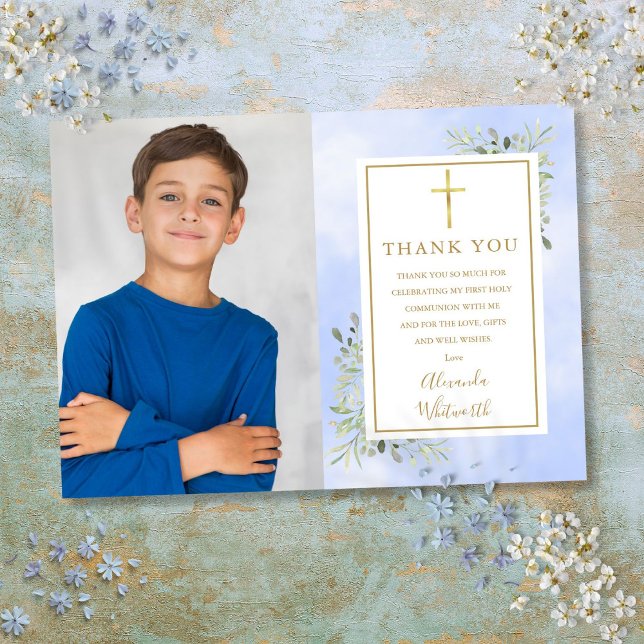 Cartão De Agradecimento Primeira Comunhão Azul Verde Foto (First Holy Communion Blue Greenery Photo Thank You Card)
