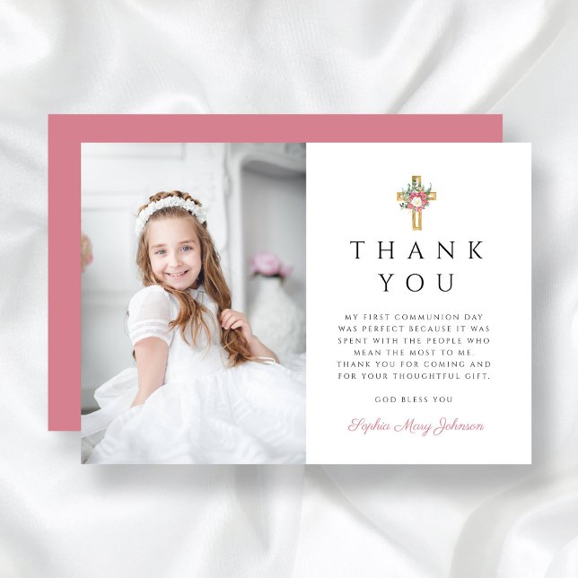 Cartão De Agradecimento Primeira Comunhão da Elegante Floral Cross Girl (Elegant Floral Cross Girl First Communion Thank You Card)