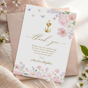 Cartão De Agradecimento Primeira Comunhão da Menina Floral Pastel