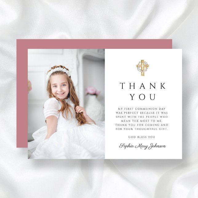 Cartão De Agradecimento Primeira Comunhão de Foto de Menina Religiosa Eleg (Elegant Religious Girl Photo First Communion Thank You Card)