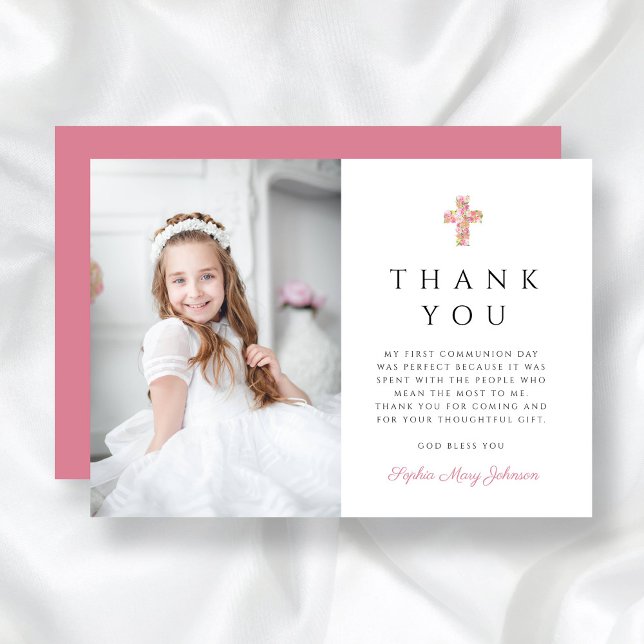 Cartão De Agradecimento Primeira Comunhão de Fotos Fotografa Cruzada Flora (Cute Pink Floral Cross Photo Girl First Communion Thank You Card)